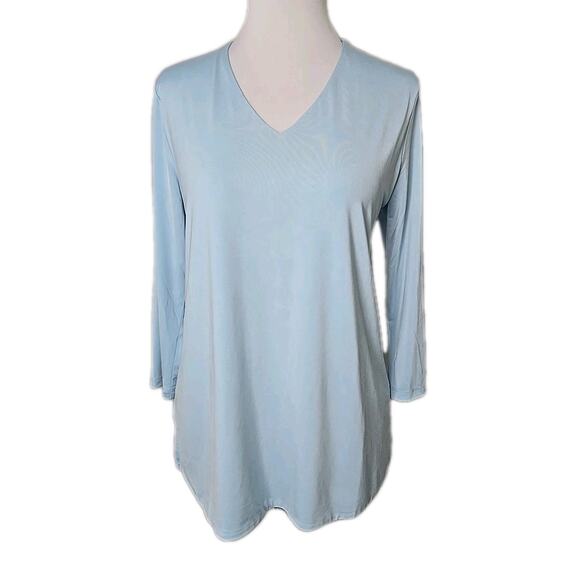 Jean-Pierre Klifa Blue V-Neck Bimini Stretch Knit 3/4 Sleeve Top LARGE NWT $68 - Picture 1 of 5